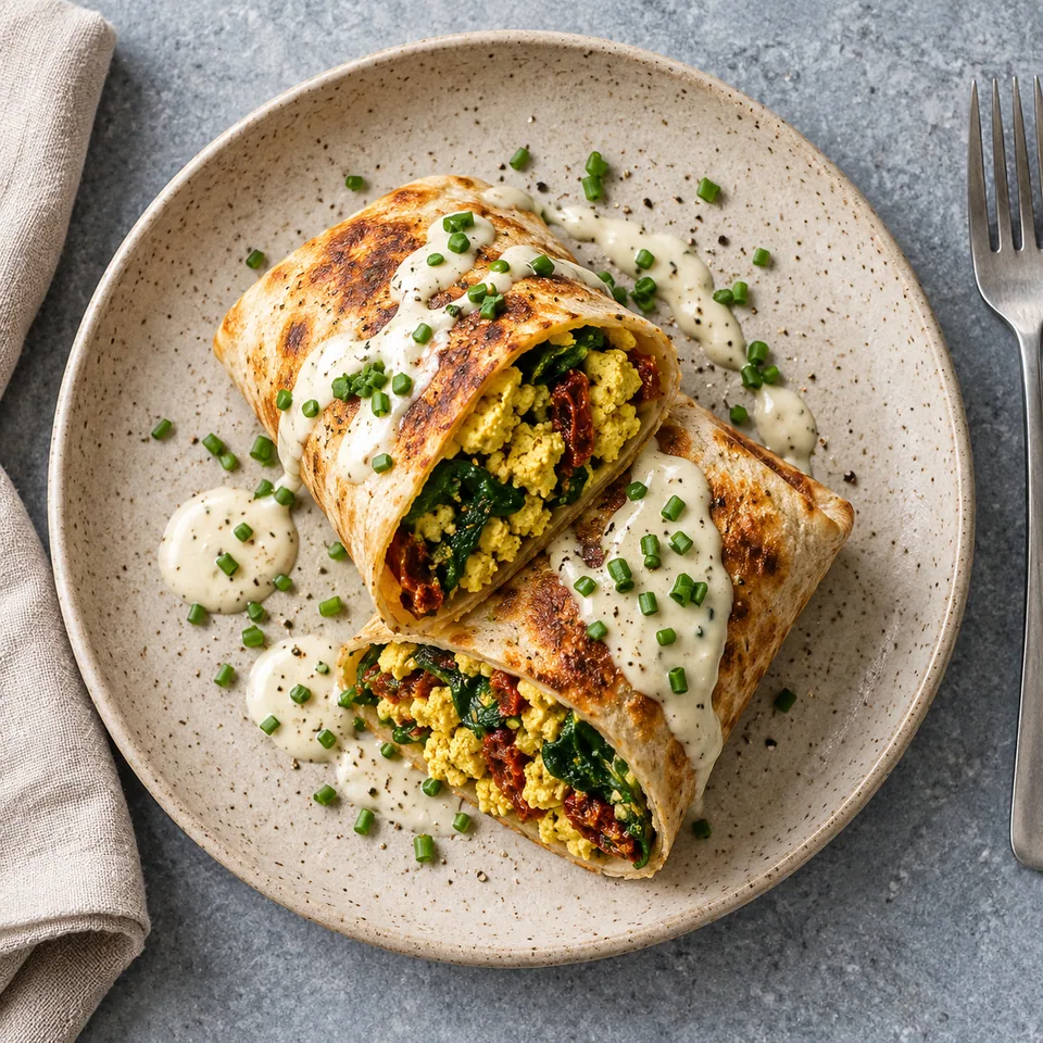 Wrap au tofu brouillé, épinards et tomates séchées, doré et coupé en deux, nappé de crème de tofu et ciboulette.