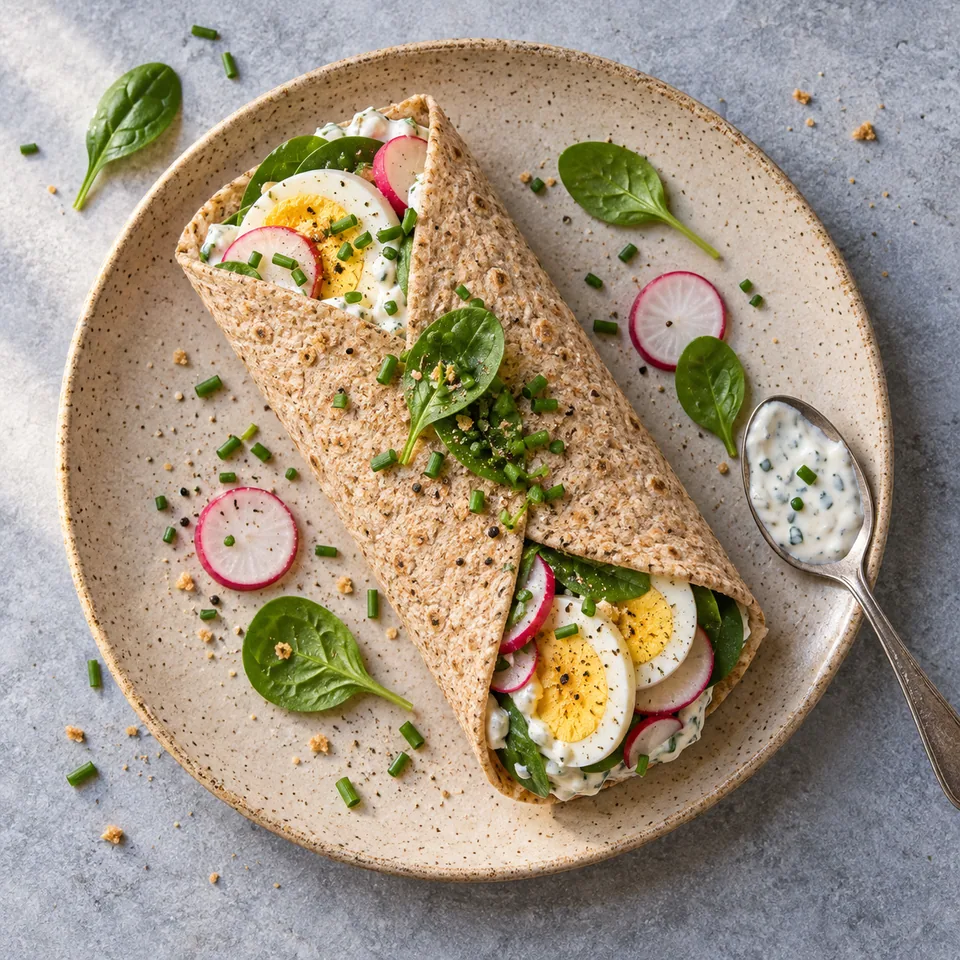Wrap aux œufs durs et radis sur assiette grès beige, garni d'épinards et ciboulette.