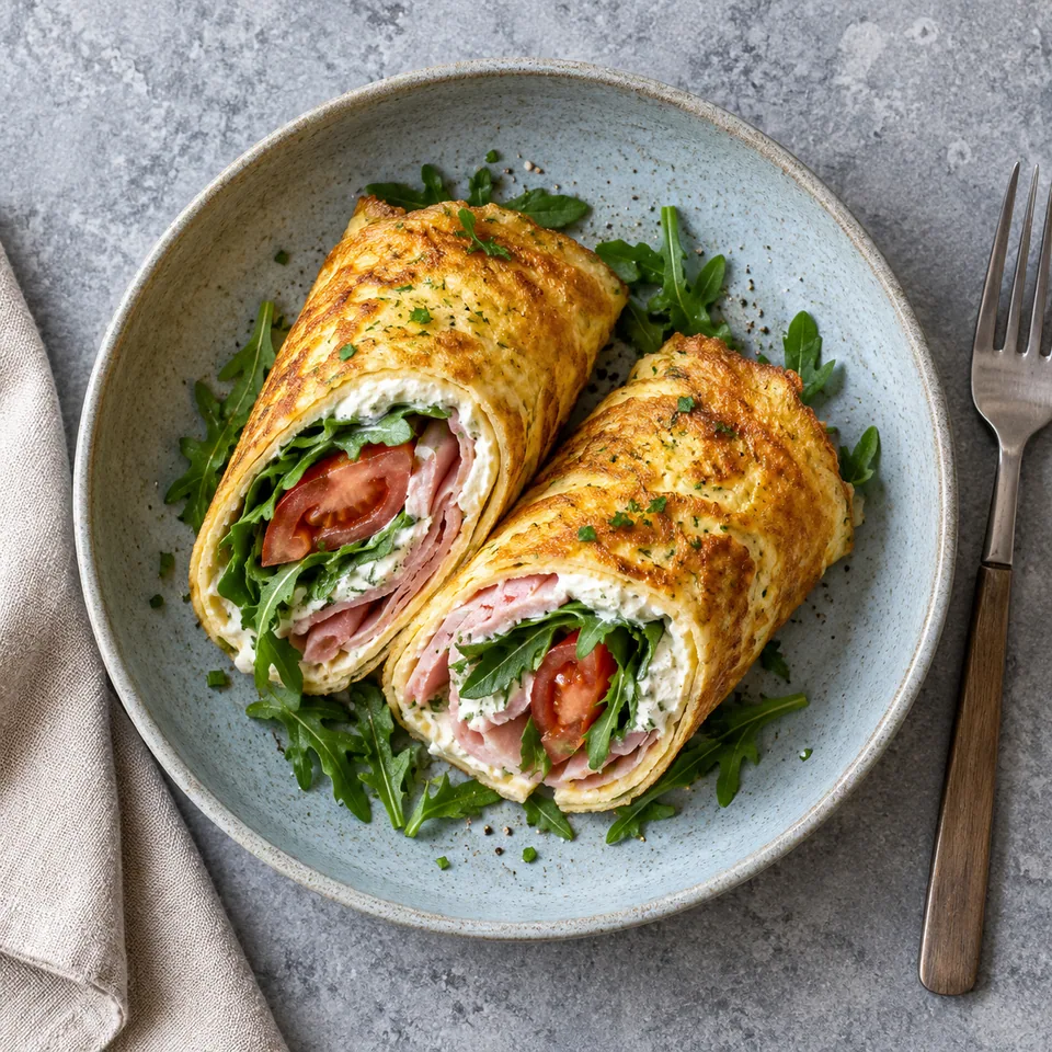 Wrap d’omelette au jambon, fromage frais et roquette coupé en deux sur une assiette bleu-gris.