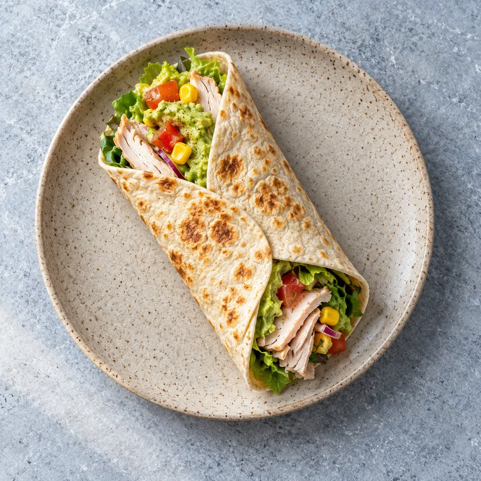 Wrap de dinde, guacamole et salade croquante sur assiette beige sable moucheté