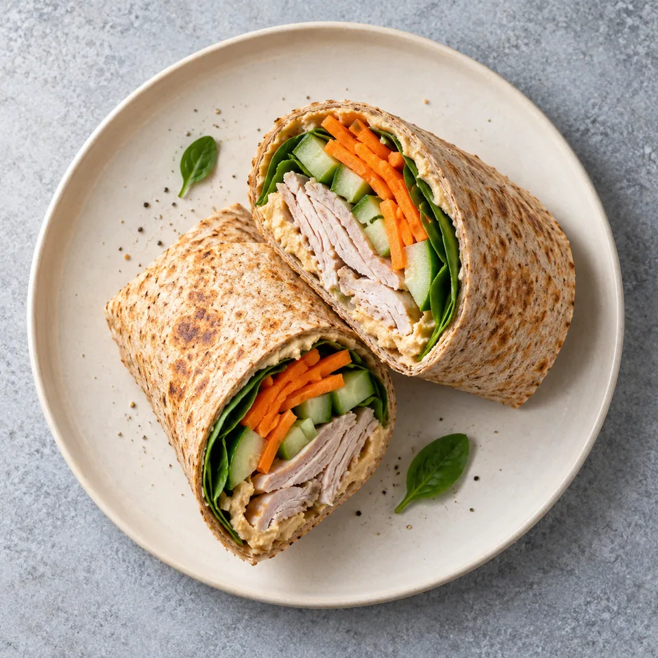 Wrap de dinde, houmous et crudités coupé en deux sur une assiette blanche, révélant dinde, carottes et épinards.