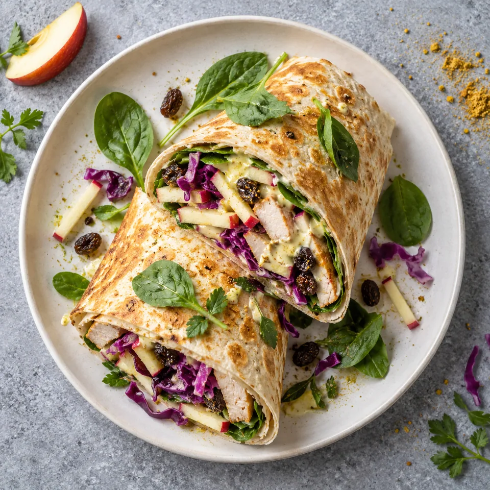 Wrap de dinde, pomme et chou rouge coupé en deux sur une assiette blanche, révélant sa farce colorée et sa sauce crémeuse.