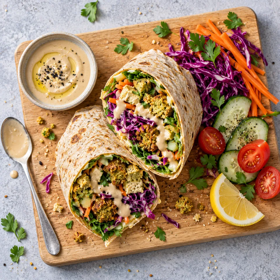 Wrap de falafels coupé en deux sur une planche en bois, avec sauce tahini et légumes frais.