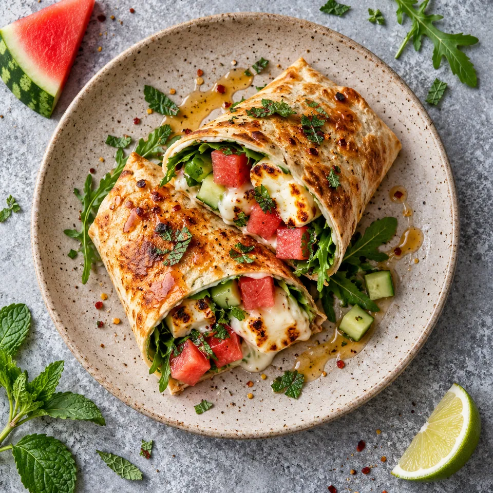 Wrap de mozzarella grillée, pastèque et menthe : tortilla dorée ouverte sur assiette, remplie de dés de pastèque, concombre, roquette et mozzarella fondante nappée de miel.