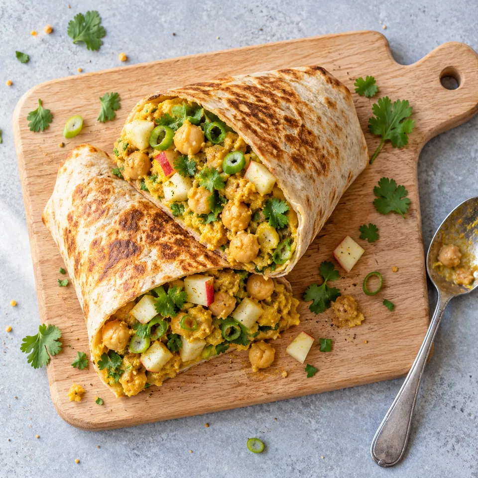 Wrap de pois chiches au curry, pomme et coriandre sur planche en bois, garniture visible et colorée.