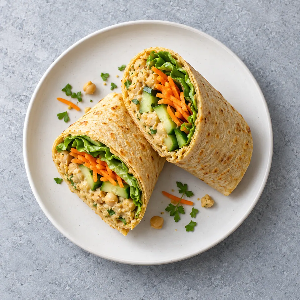 Moitiés de wrap de pois chiches et crudités sur assiette blanche, montrant la garniture colorée à l'extrémité.