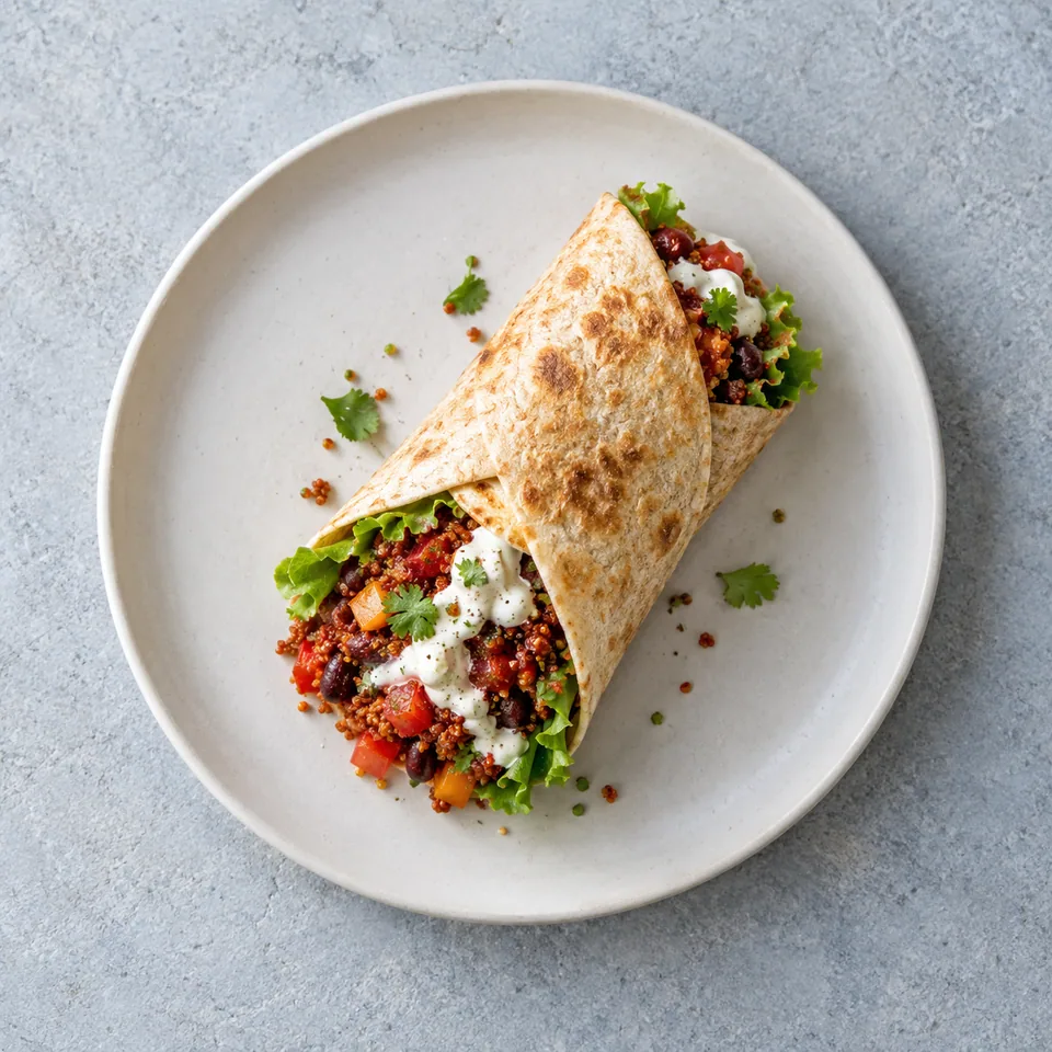 Wrap vegan au chili de quinoa : tortilla roulée contenant quinoa rouge, poivron, salade et fromage frais, servie sur assiette blanche.