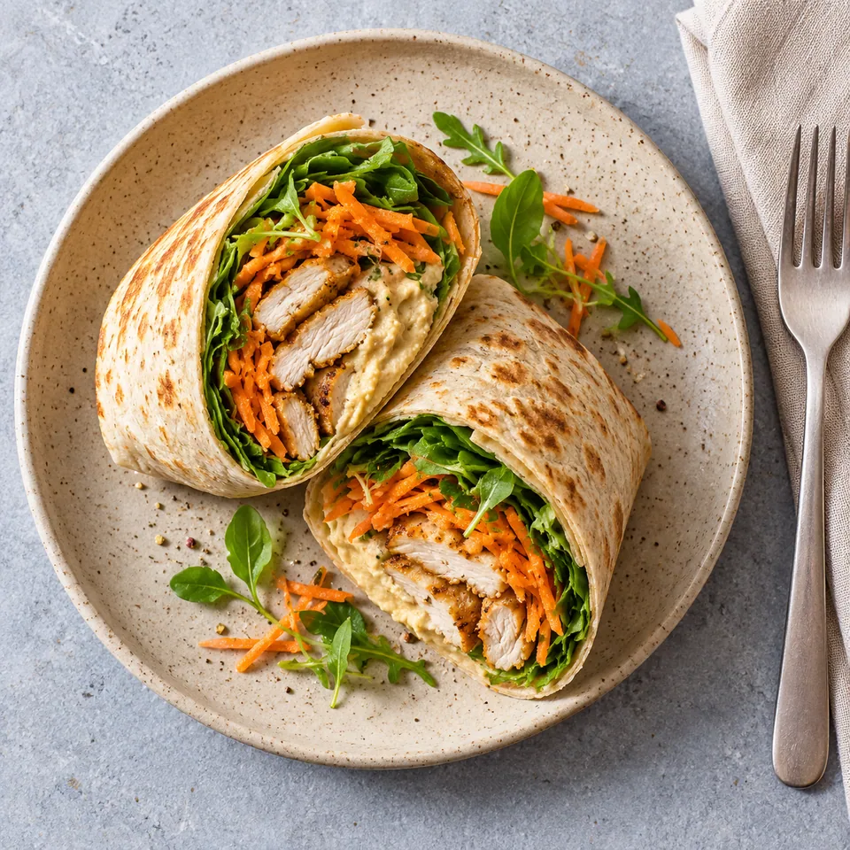 Wrap express poulet rôti, houmous et crudités coupé en deux sur une assiette beige sable moucheté.