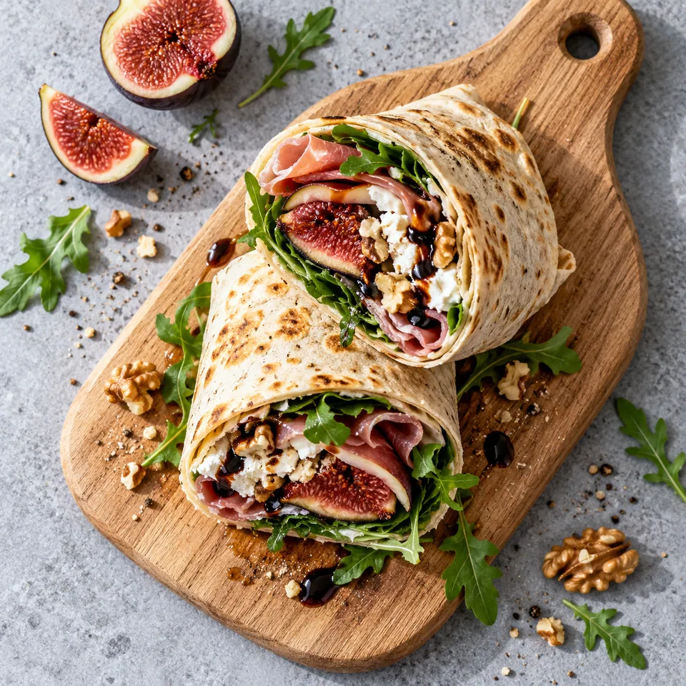 Wrap jambon, chèvre frais et figues coupé en deux sur une planche en bois, montrant les garnitures colorées.