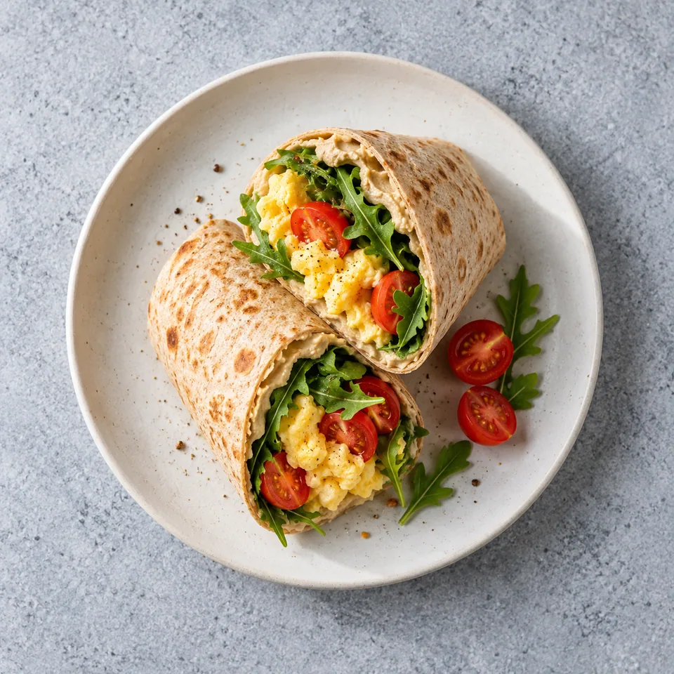 Wrap matinal au houmous et œufs brouillés coupé en deux sur une assiette, montrant les œufs jaunes, tomates rouges et roquette verte.