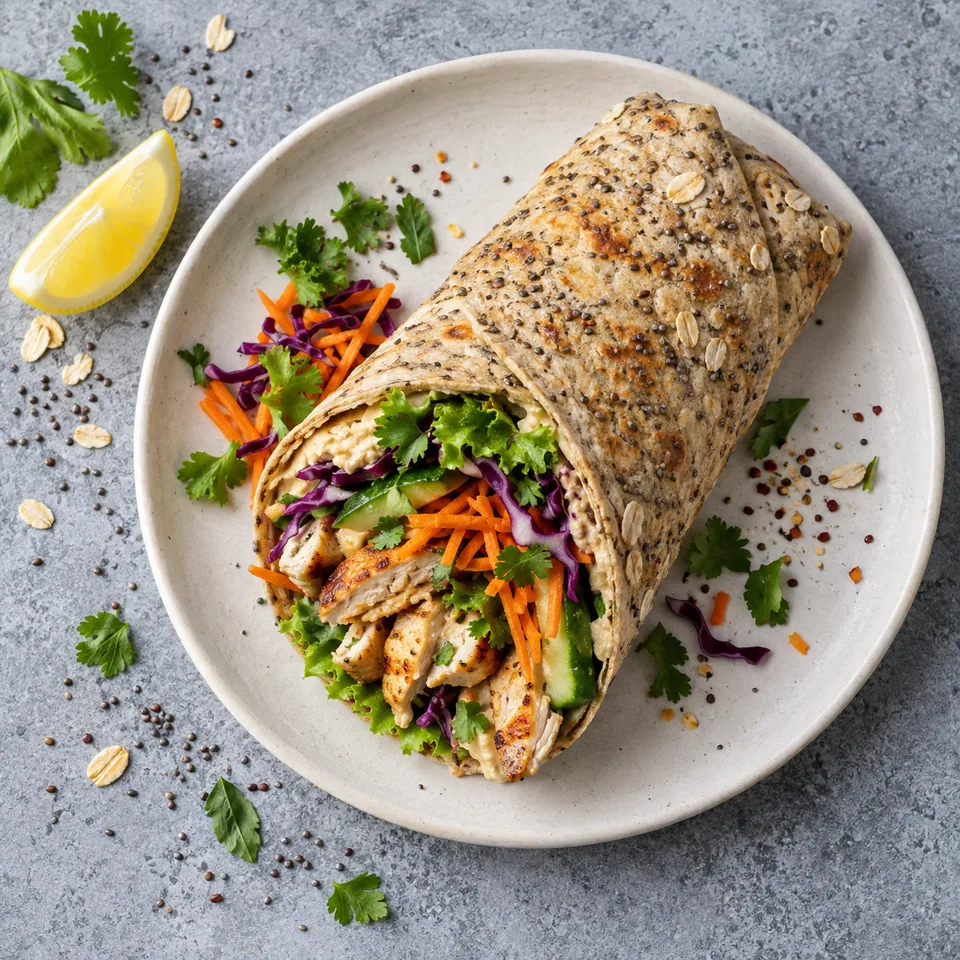 Wrap d'avoine et chia au poulet et crudités colorées sur assiette blanche
