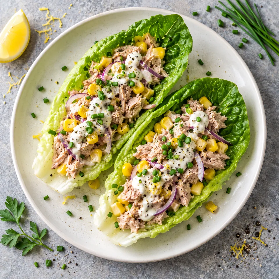Wrap de laitue au thon et sauce citronnée sur assiette blanche