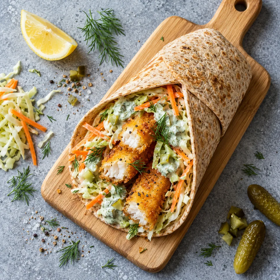 Wraps de poisson pané au four sur planche en bois : bâtonnets dorés, chou, carottes et sauce aux cornichons.