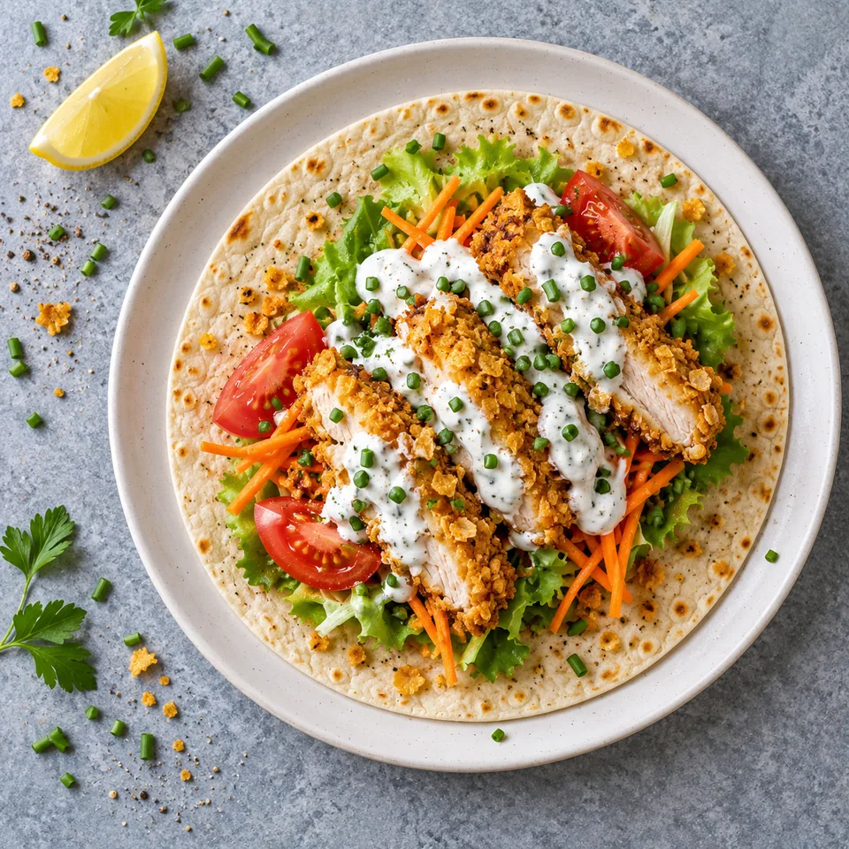 Wrap de poulet croustillant aux corn flakes sur galette de blé, garni de légumes frais et sauce yaourt ciboulette.