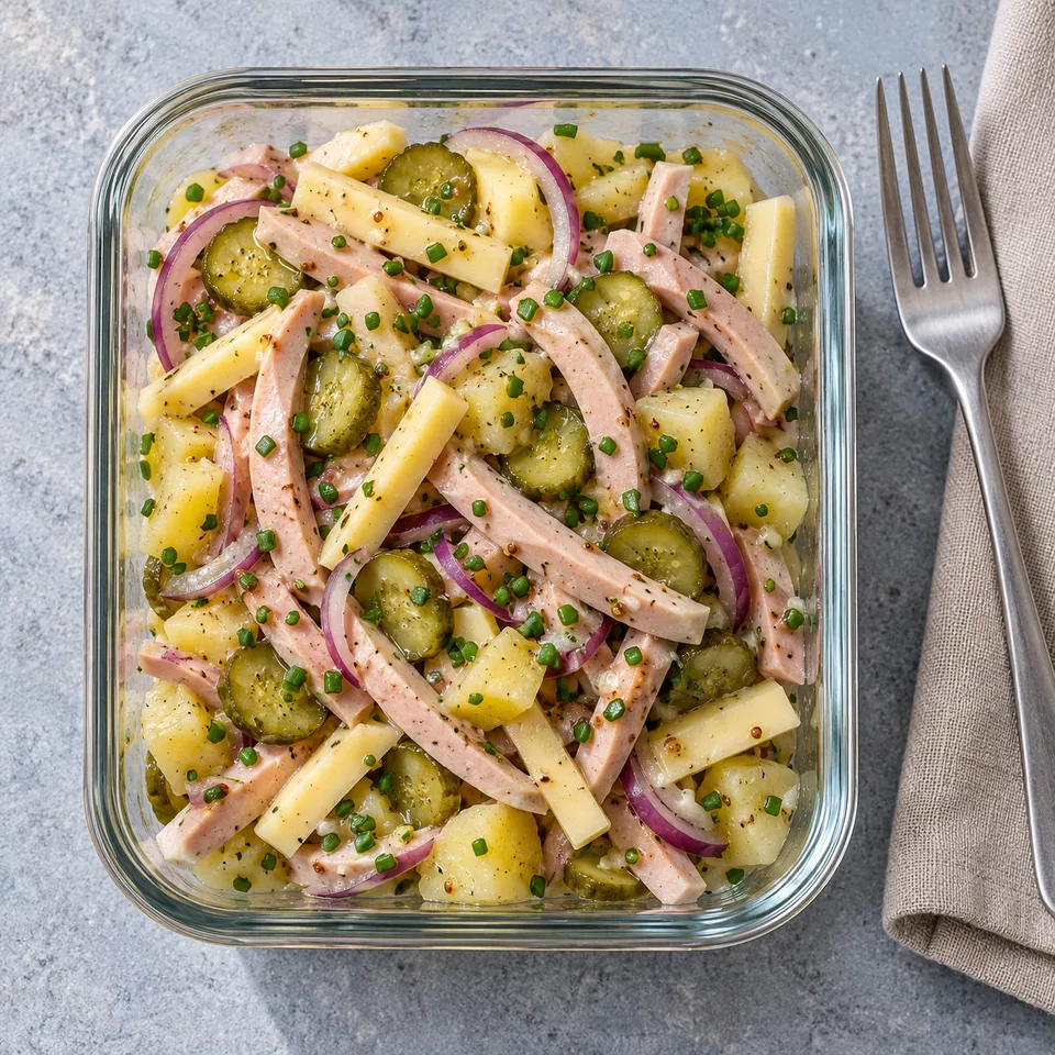 Wurstsalat : salade de saucisse, pommes de terre, emmental, cornichons et ciboulette dans un récipient en verre.