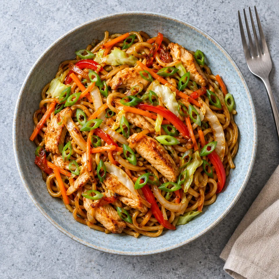 Yakisoba au poulet et légumes croquants servi dans une assiette creuse bleu-gris, garni d'oignon vert.