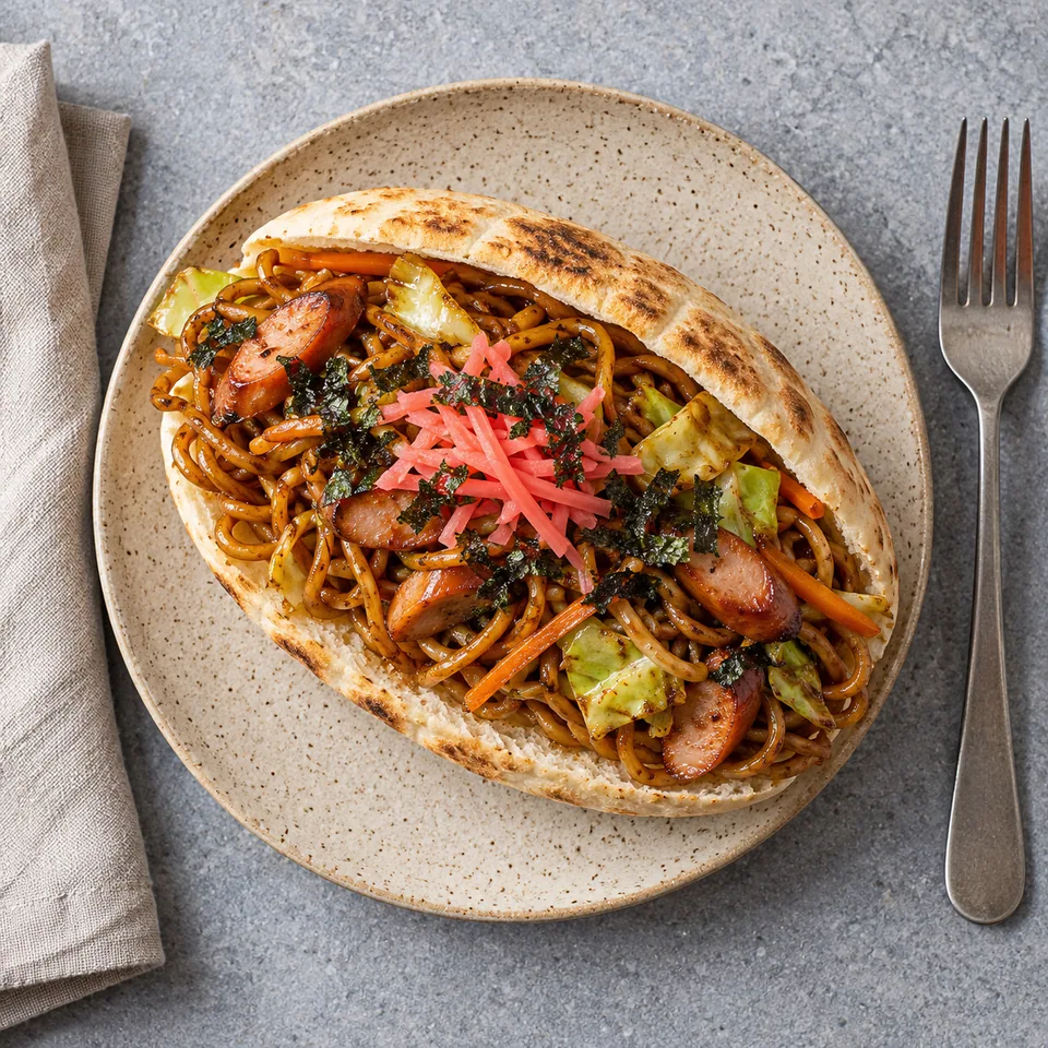 Yakisoba-pan aux légumes et saucisse : nouilles sautées et légumes sur pain pita toasté, garnis de gingembre et nori.