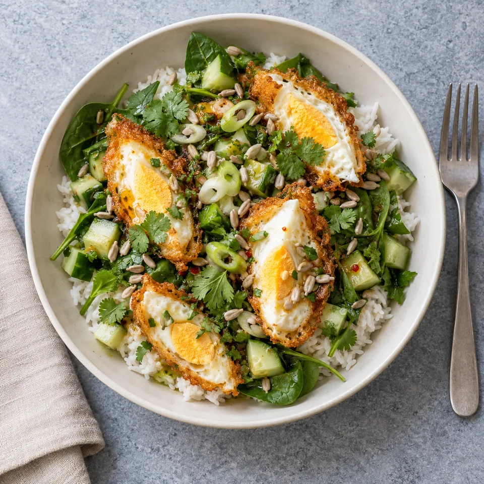 Yam khai dao : riz jasmin, œufs frits dorés, concombre, épinards et graines de tournesol dans un bol blanc cassé.