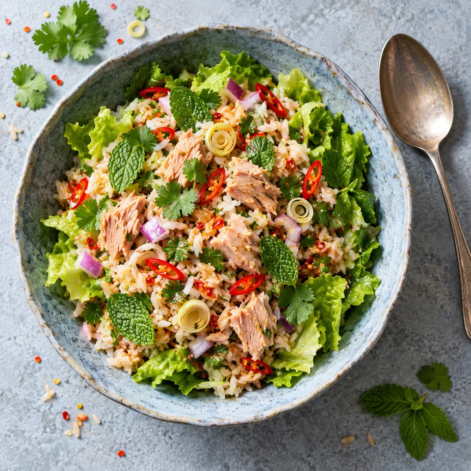Bol en grès bleu-gris contenant une salade thaïe au riz et thon, avec oignon rouge, citronnelle, piment, menthe et coriandre.