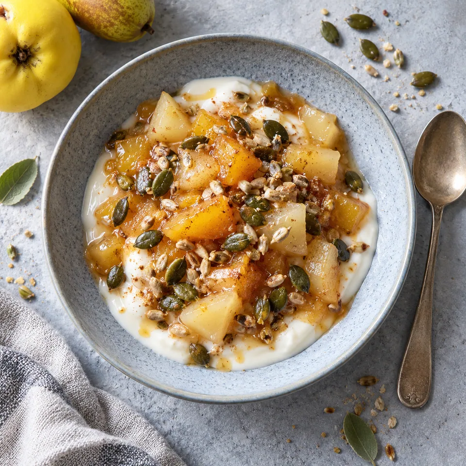 Yaourt de soja à la compotée de coing et poire, garni de graines grillées croustillantes dans une assiette bleutée.