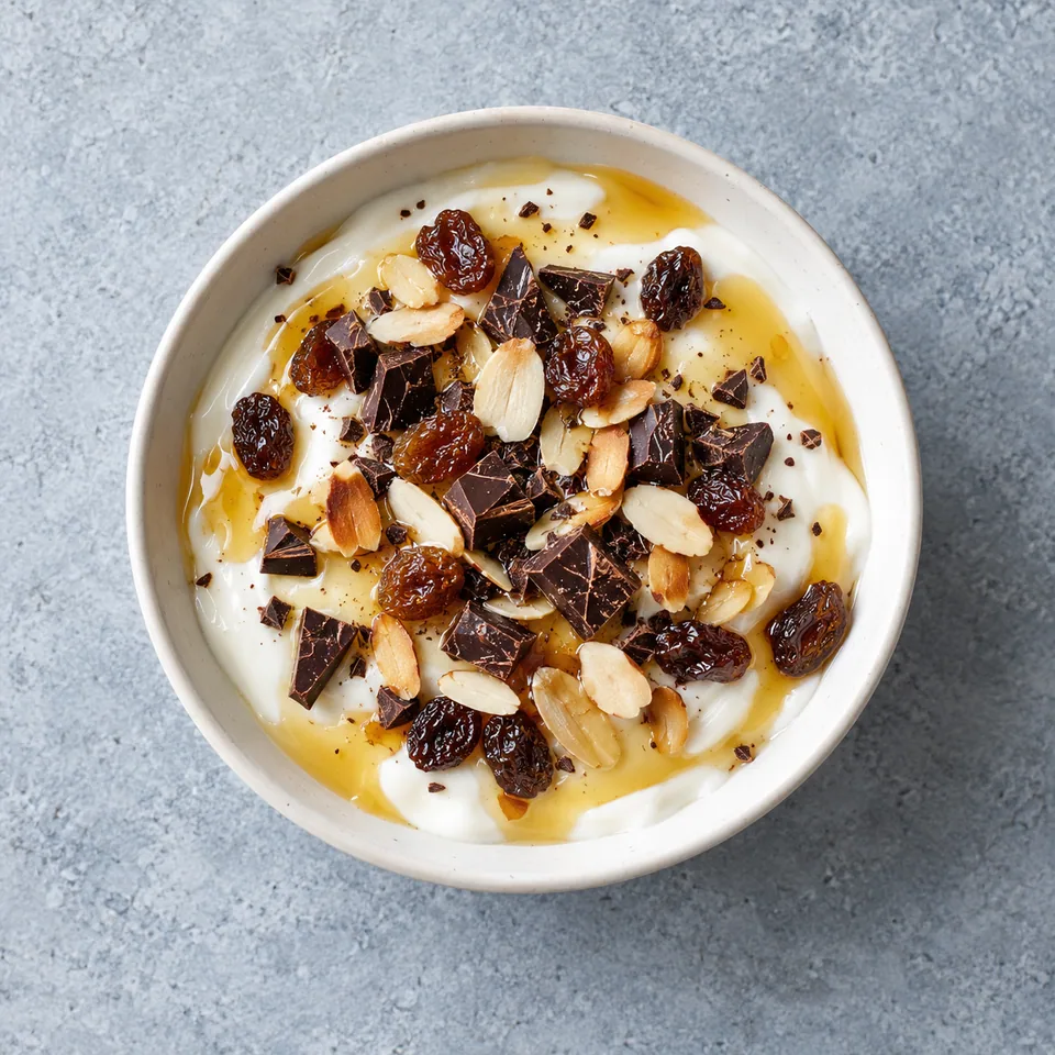 Yaourt gourmand croquant dans un bol avec chocolat, raisins secs et amandes