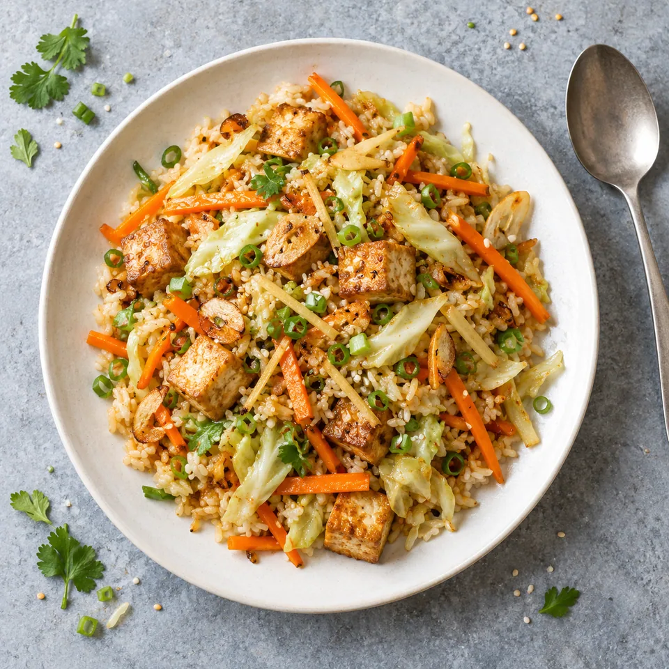 Yasai itame : portion de riz, tofu doré, chou blanc et carottes orange sur assiette blanche.