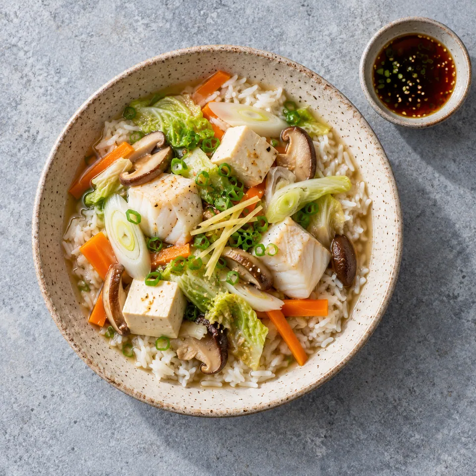 Yosenabe express au cabillaud et tofu : riz, poisson blanc, tofu, légumes colorés et sauce ponzu dans une assiette en grès beige.