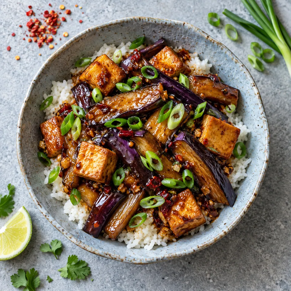 Yu xiang qie zi : portion de riz, aubergines rôties et tofu doré dans un bol bleu-gris, garni d'oignons verts.