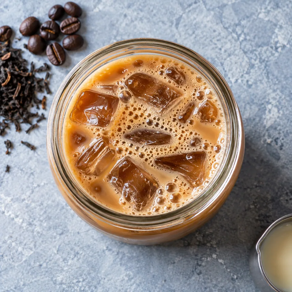 Yuanyang hongkongais dans un bocal en verre, boisson brun doré à la mousse crémeuse.
