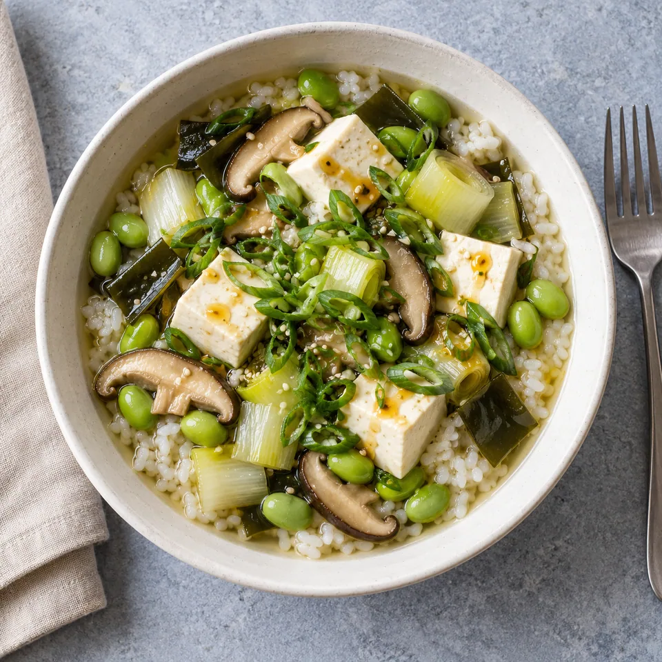 Bol de yudofu au riz, tofu, légumes et sauce citronnée, vue de dessus