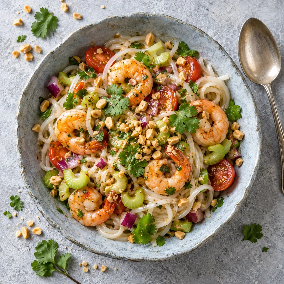 Salade thaïe de nouilles dans un bol bleu-gris : nouilles, crevettes roses, tomates, oignon rouge, céleri, cacahuètes et coriandre.