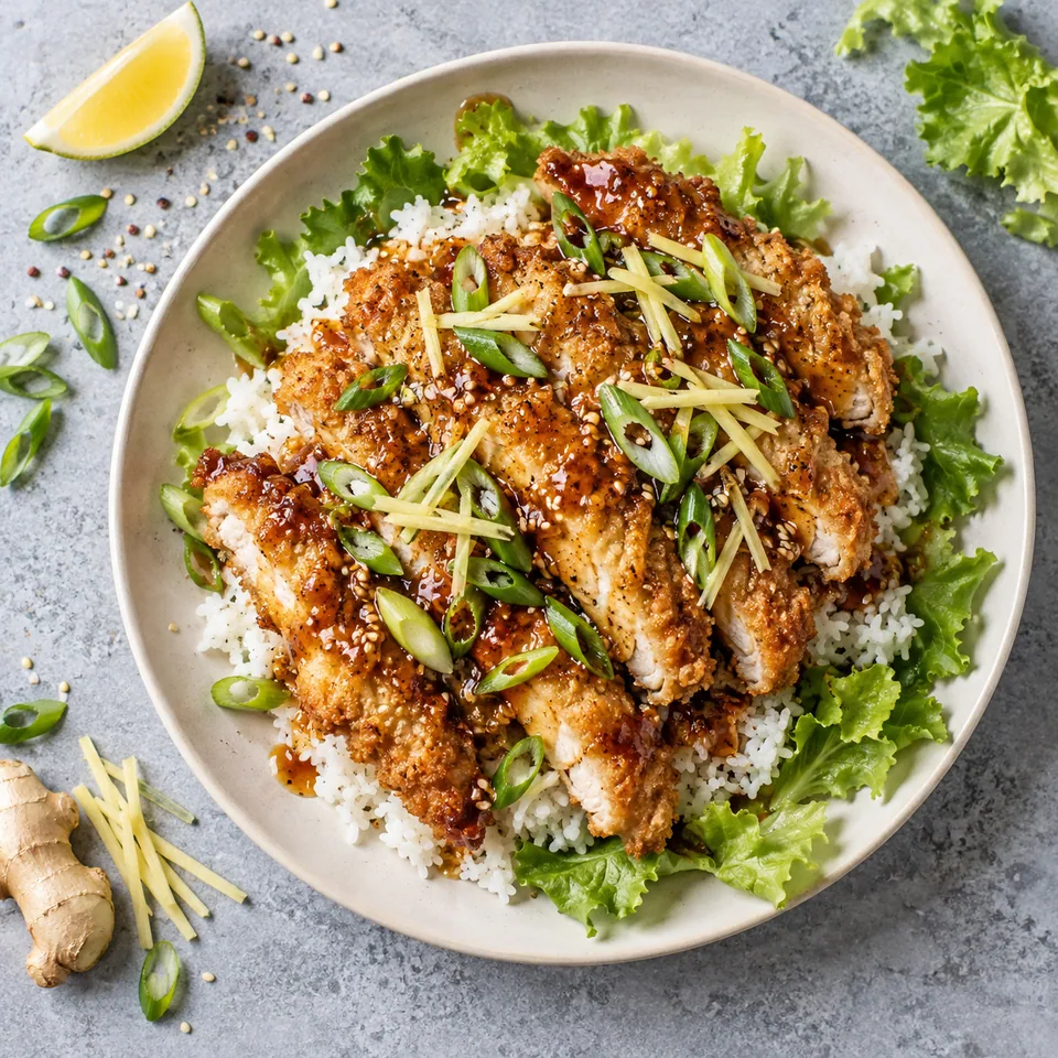 Yurinchi : poulet croustillant doré sur riz blanc et sauce brillante, garni d'oignons verts, sur lit de laitue verte.