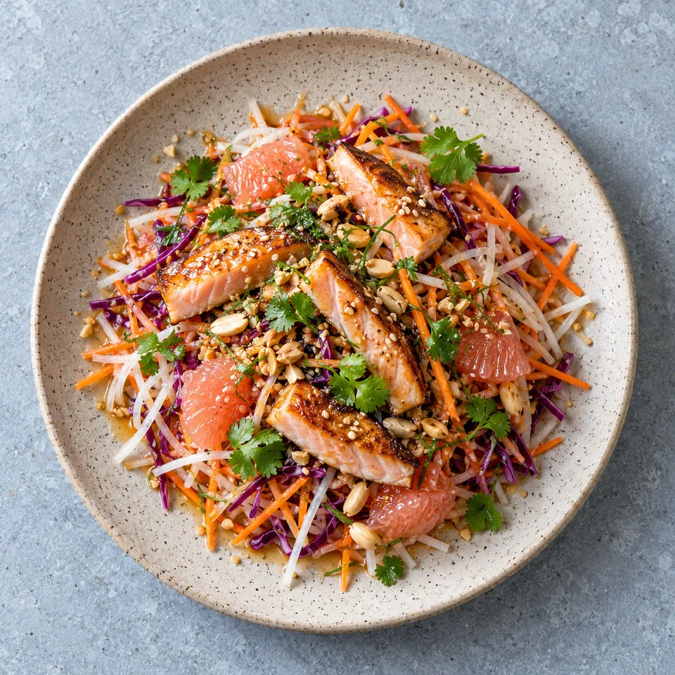 Yusheng au saumon poêlé : salade colorée de saumon, légumes en julienne et pomelo, parsemée de cacahuètes et sésame sur assiette grès beige.