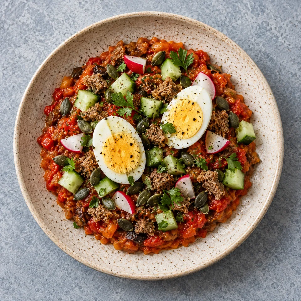 Assiette de zacuscă roumaine aux légumes rôtis, œufs durs, concombre, radis et graines de courge sur pain de seigle.