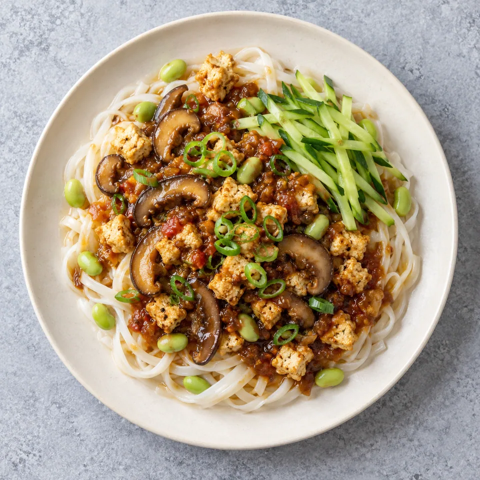 Assiette de zha jiang mian végétal aux champignons : nouilles, fèves, sauce brune, tofu doré, concombre et ciboule.