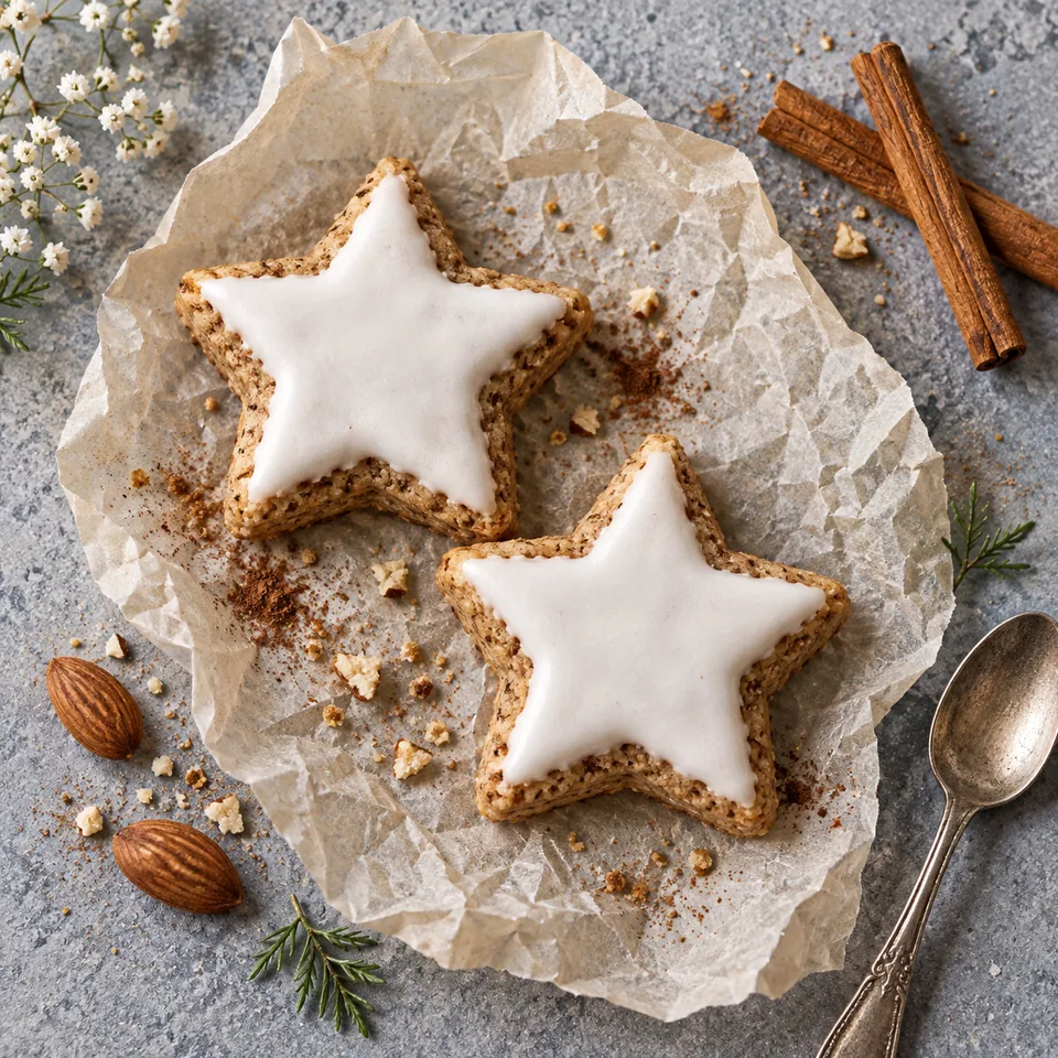 Zimtsterne, étoiles à la cannelle : deux biscuits dorés à la pâte d'amande et au glaçage blanc mat, posés sur du papier cuisson froissé.