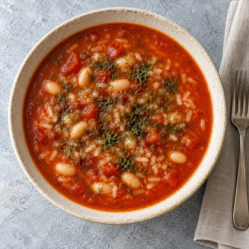 Zupa pomidorowa : bol de soupe tomate veloutée rouge avec riz et haricots blancs, parsemée d'aneth vert.