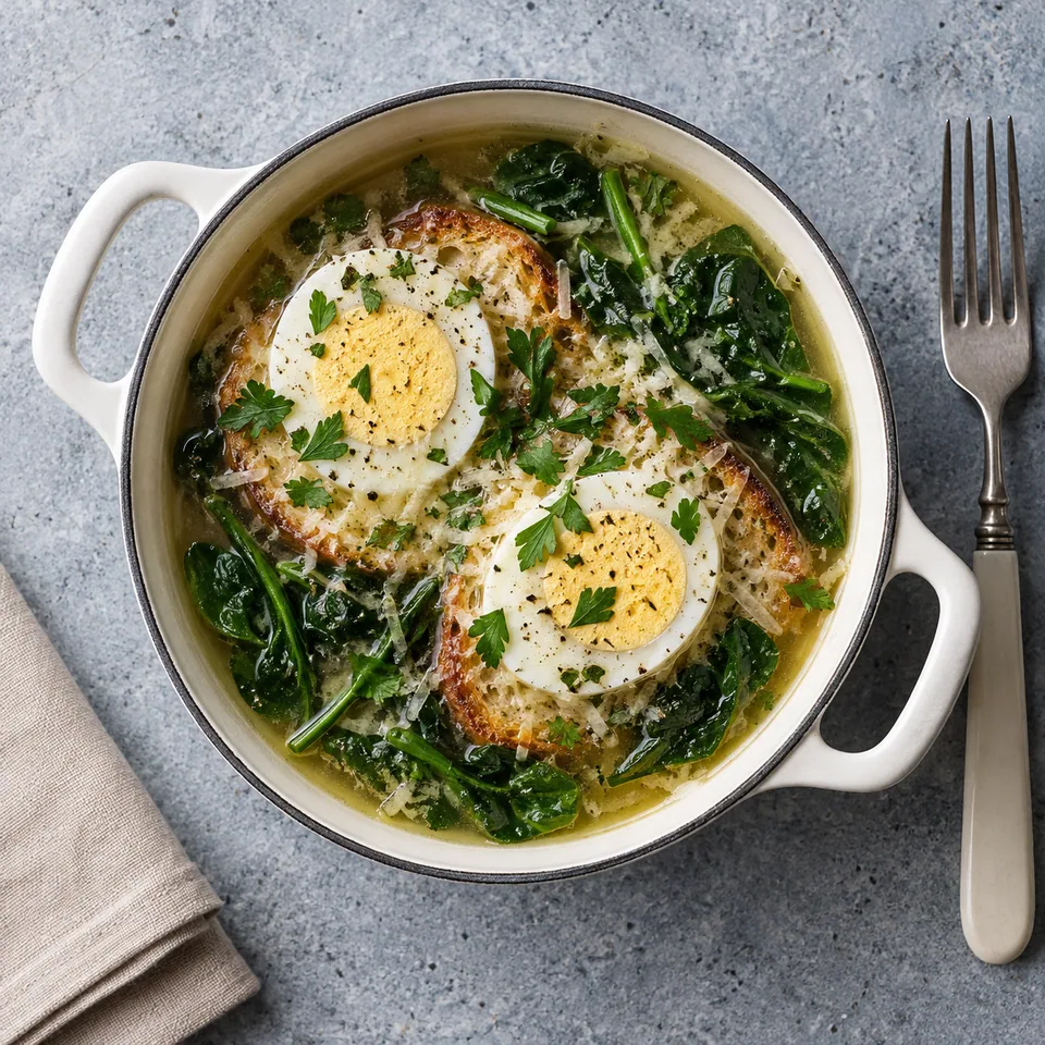 Zuppa pavese : œufs au bouillon sur pain grillé, épinards et fromage dans une cocotte blanche.