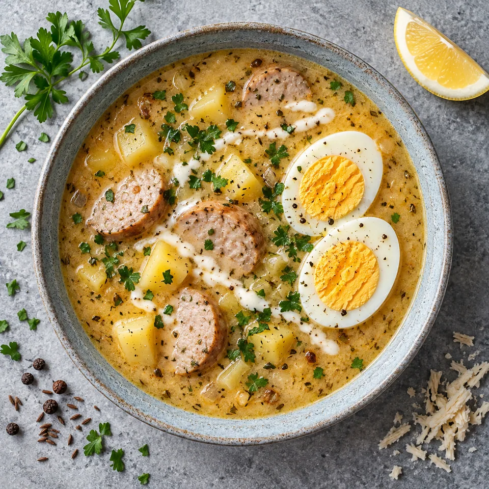 Portion de Żurek de Pâques dans une assiette creuse : soupe jaune, saucisse, œuf dur et raifort.